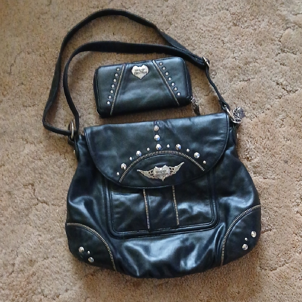 Harley-Davidson Black Studded Shoulder Bag with Matching Wallet